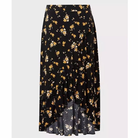 Torrid SZ16 Black Ditsy Floral Challis Hi Low Maxi Skirt Feminine Romantic Fairy - Picture 3 of 9
